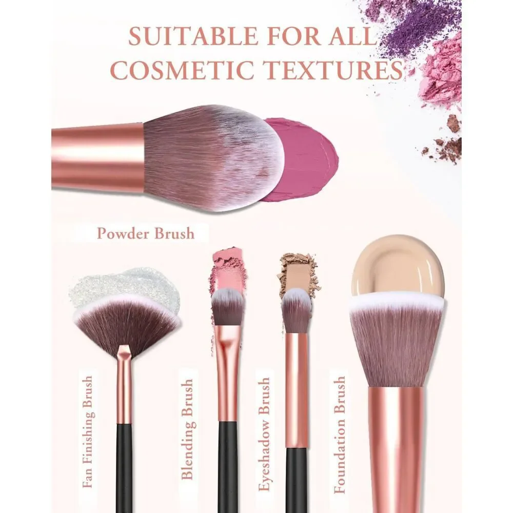 20 Pcs Gold Travel Makeup Brush Set With Led Light Mirror Holder & 2 Powder Puff